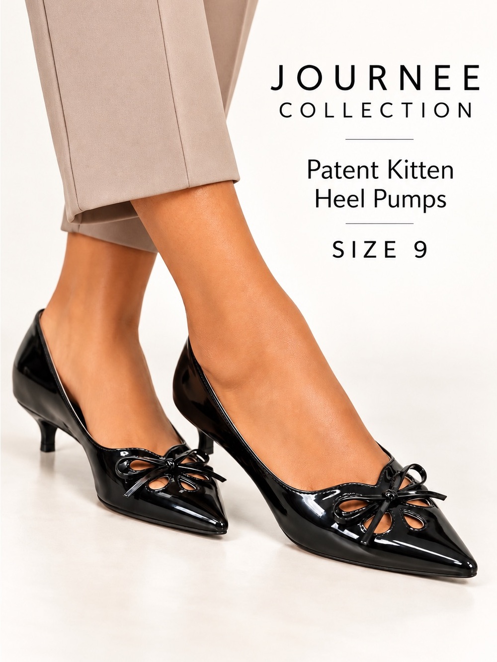 Journee Collection Black Patent Bow Pointed Toe Kitten Heels Size 9